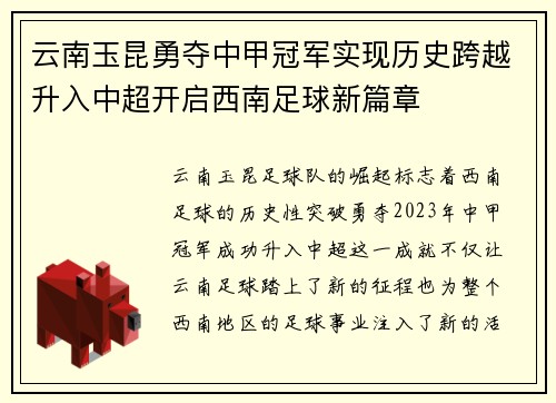 云南玉昆勇夺中甲冠军实现历史跨越升入中超开启西南足球新篇章